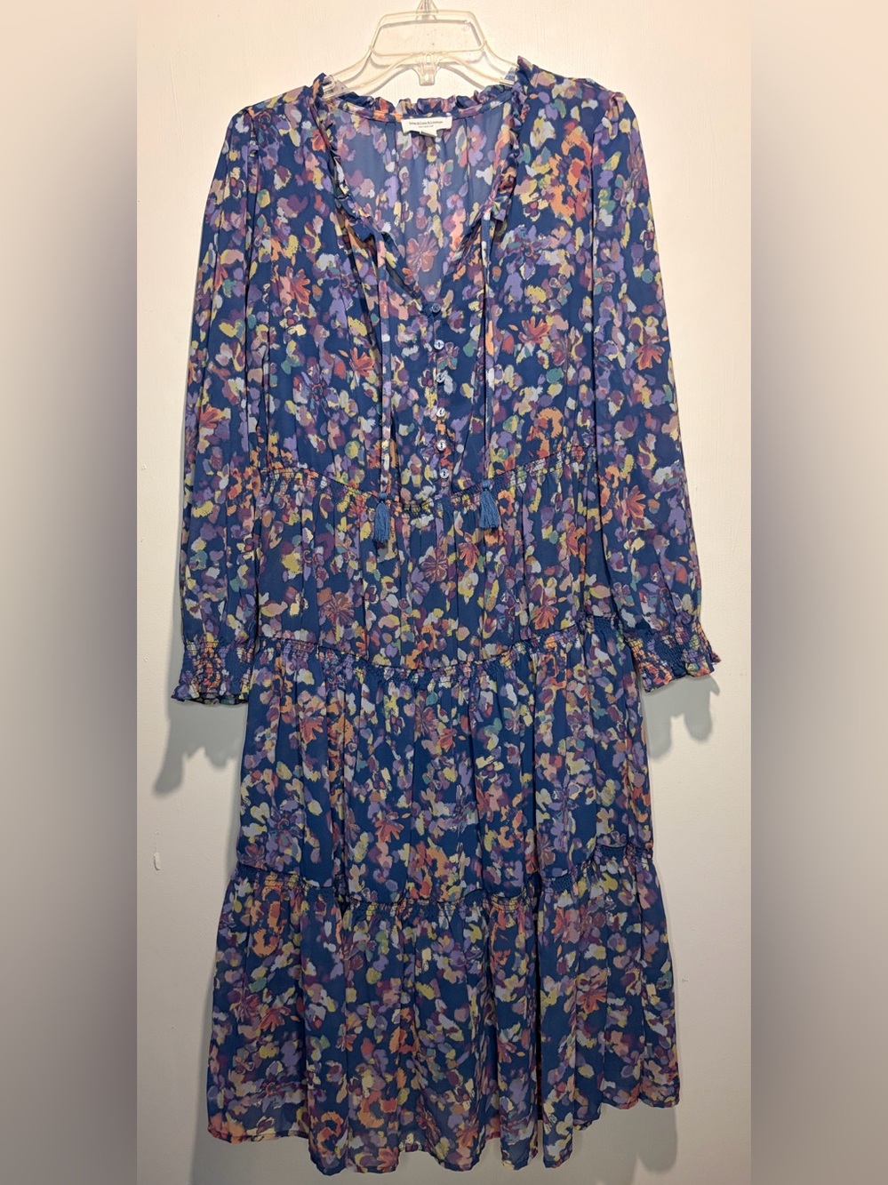 BeachLunchLounge Collection Floral Tiered Midi Dress Ruffles Smocked Lined SZ M